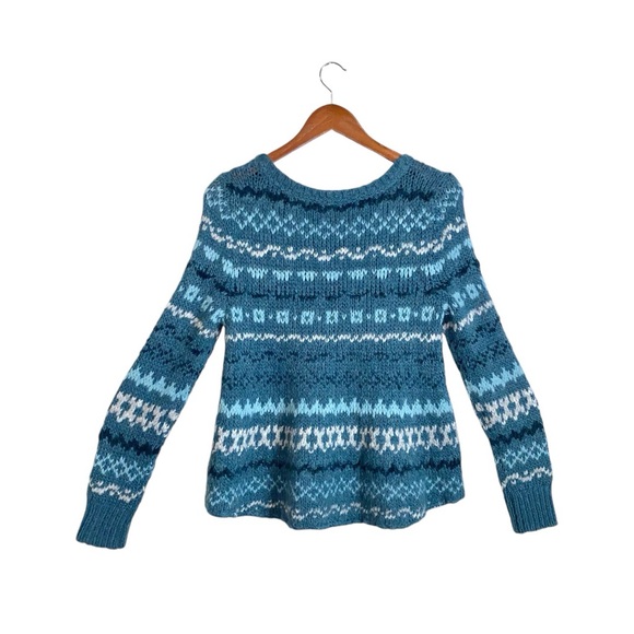 Free People Through the Storm Sea Blue Fair Isle Chunky Knit Long Sleeve Sweater - Picture 2 of 6